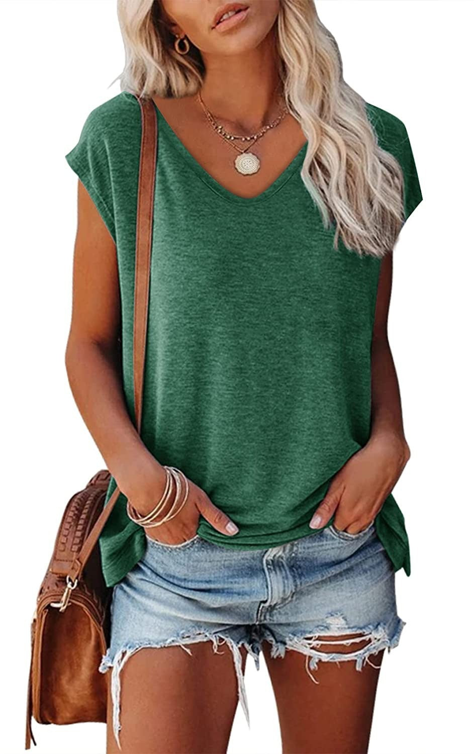 Women's Cap Sleeve V-neck Solid Color Casual Loose-fitting T-shirt - Chic Angle